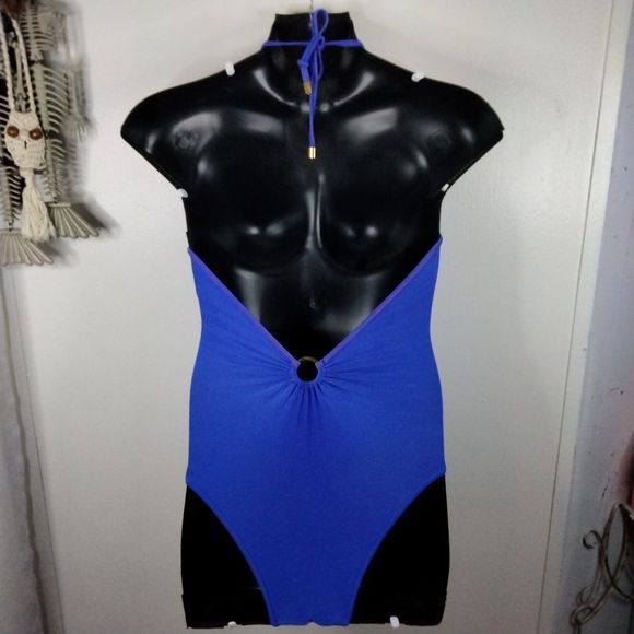 Venus Blue Mesh One Piece Size 4 Sexy Keyhole Plunge Swimwear Swimsuit Deep Back - Picture 2 of 13